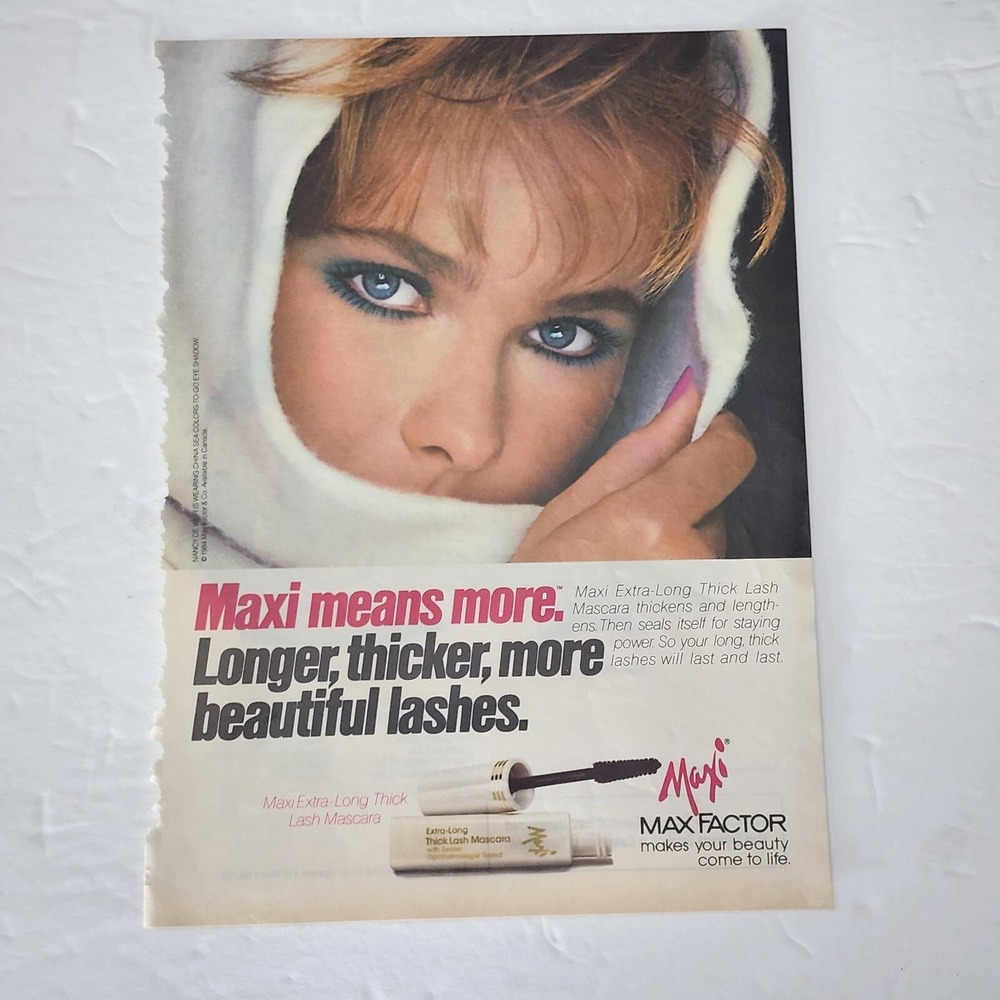 Vintage Print Ad Maxi Max Factor extra-long thick lash mascara clipping 1984